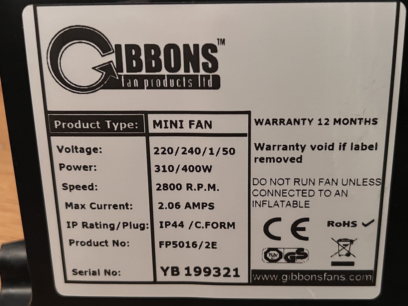 Soufflerie 400W/240V Gibbons pour petite structure gonflable – Image 3